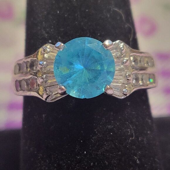 Sky Blue Topaz White CZ Stainless Steel Ring - Picture 5 of 7